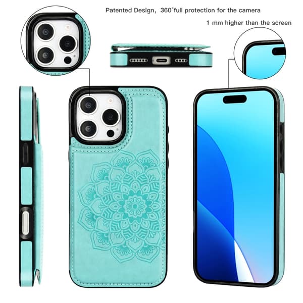 iPhone 16 Pro Max Cover - Dobbelt Spænde Mandala Læder Etui Grön