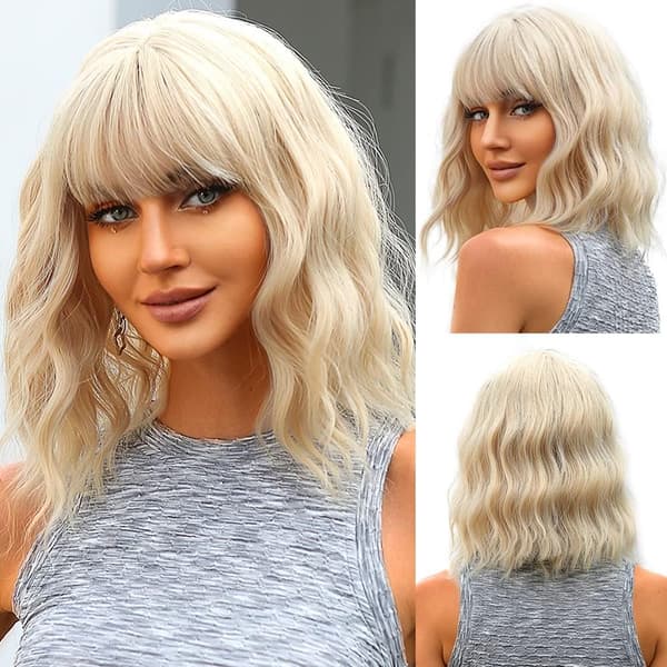 1 pc 14\" Short Wavy Wig Light Blonde with Bangs Shoulder Length