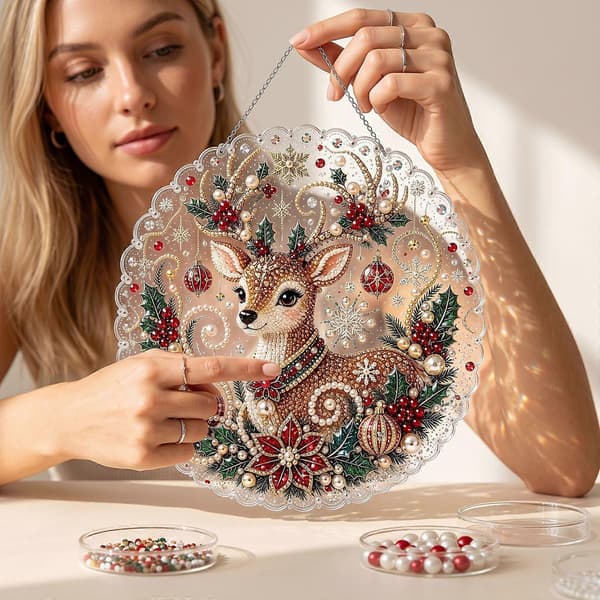 Juleperle Diamantkunst Hengende Pyntesett, DIY Spesialformet Perle Diamantmaling Solfanger, Juleveggdekorasjon til Jul-FX- D(20cm)