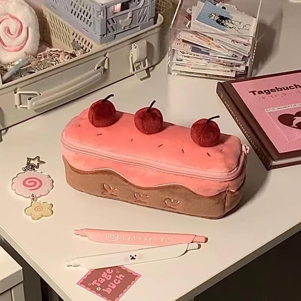Cake Pencil Case Box Stocking Stuffer Cute Creative Lifelike Cherry Cake Pencil Case Large Capacity Zipper Organizer Storage