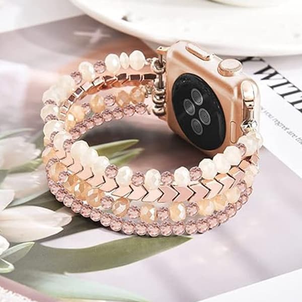 Crystal Multi-Layer Beaded Smartwatch Bracelet – Modular Replacement Strap Compatible with 42/44/45/49mm Watches Pink
