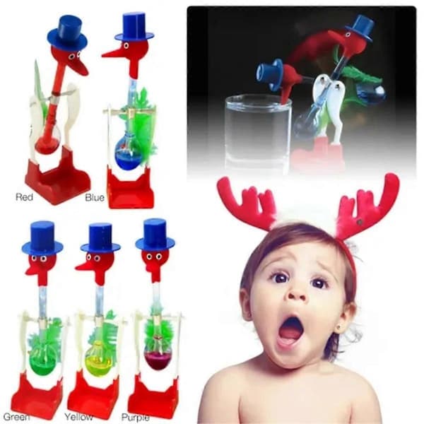 Drinking bird with liquid, perpetual motion machine, balance, drinking water bird, continuous, educational for children Blue