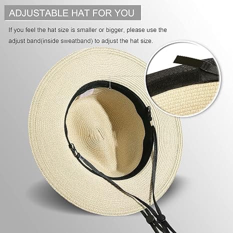 Kvinders Bredskyggede Panama Stråhat, Rullebar, med Bæltespænde, Fedora Strand Solhat til kvinder UPF50+ Beige