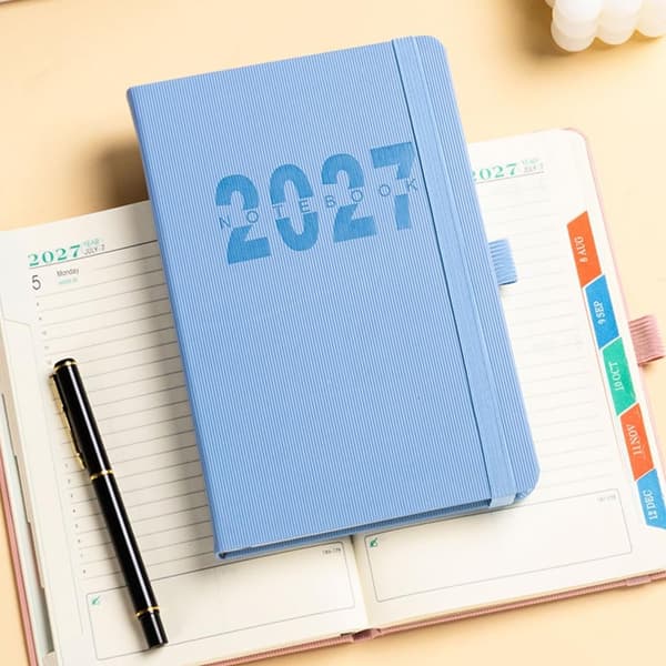 2027 Planner, A5 Size, Monthly Scheduling Labels, PU Leather Hardcover Black