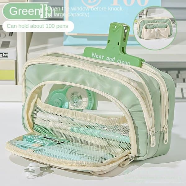 Five-layer large capacity pencil case, multifunctional pencil case, cute green pencil storage bag Green
