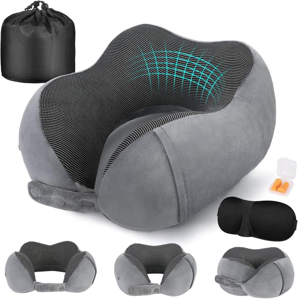Memory Foam Travel Pillow, Adjustable & Compact Airplane Pillow, Ergonomically Designed, Includes Earplugs, Eye Mask & Storage Bag. grey