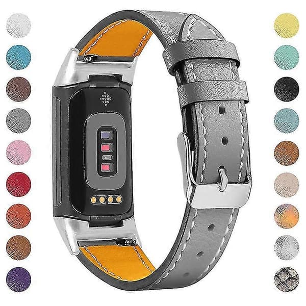 Fitbit Charge 6/5 Ekte Lær Justerbart Armbånd - Premium Lys Rosa Rem Grå Grey Fitbit Charge 6