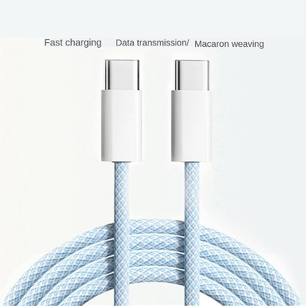 For 15 Macaron Data Cable Dual Type-C Hurtiglading Flettet Data Cable C til C 60W 100cm Ladekabel, Blå