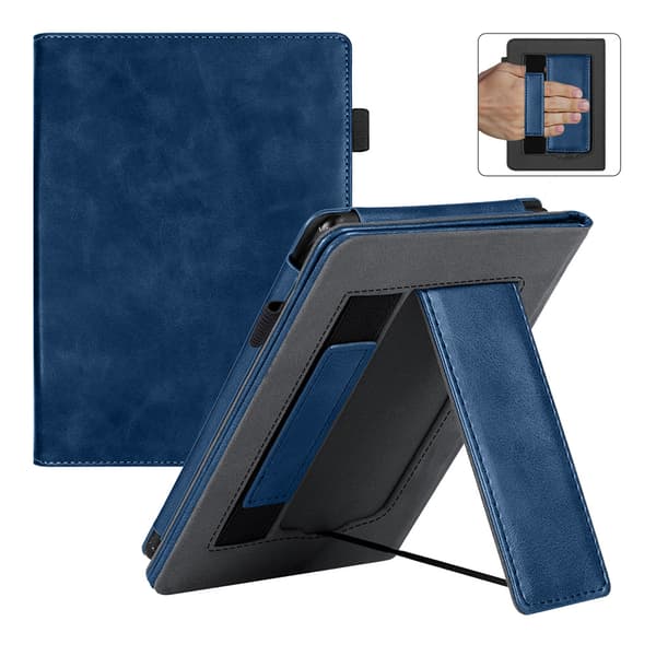 Etui til 6\" Kobo Clara Bw (2024) E-læser, foldbart standercover med håndrem Dark Blue