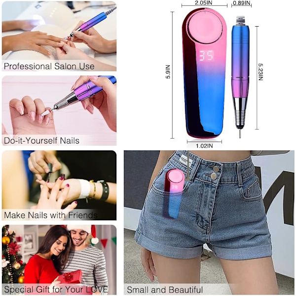 Professionell Portabel Elektrisk Nagelfil - 35000 RPM Akryl Nagelkit, (Gradient Blå)
