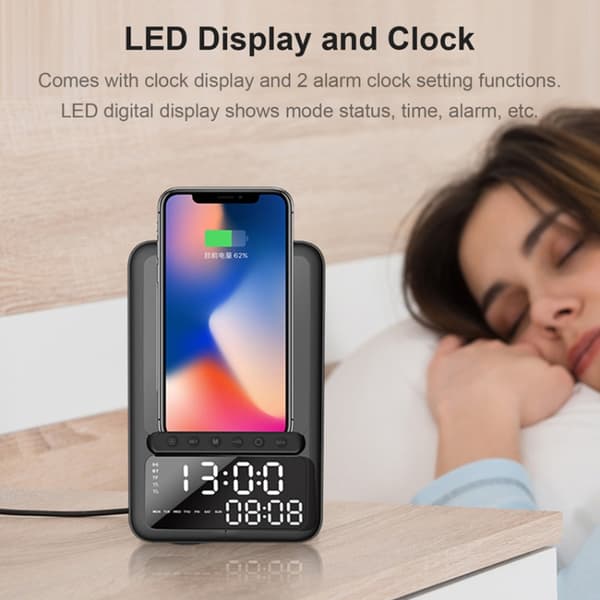 Coluna Bluetooth 3 I 1, LED Digital Display Vækkeur Trådløs Oplader (Sort)