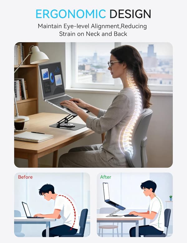 Støtte til bærbar computer, 360 roterende justerbar metalholder til 10 til 16 tommer (sort)