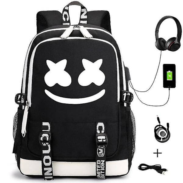 Dj Marshmello Rygsæk Lysende USB Genopladelig Rygsæk Studerende Skole Taske Style 4