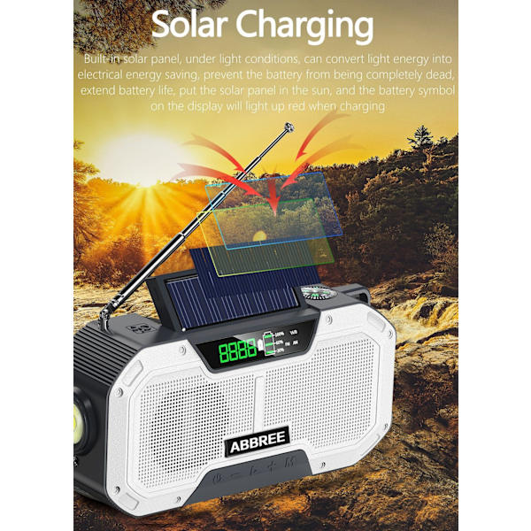 Nödradio Solar Uppladdningsbar ficklampa Kompasslarm Multifunktionell bärbar utomhushögtalare white [2000mA]