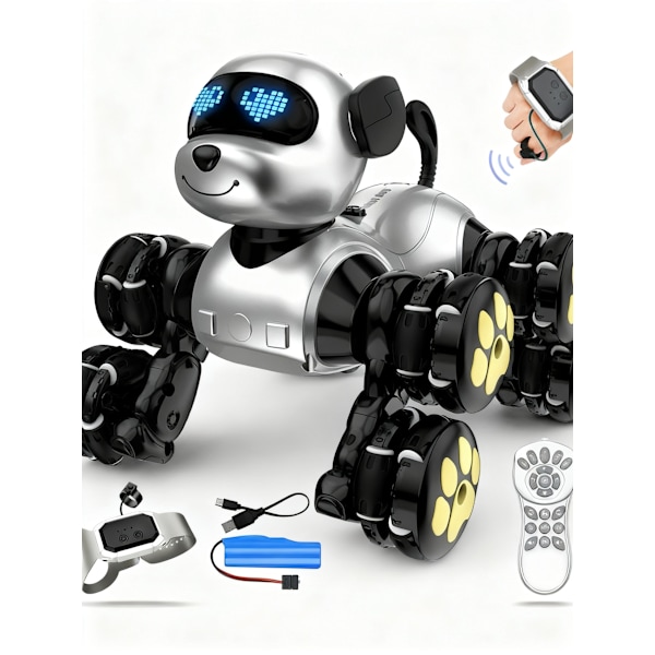 8-hjulig smart programmerbar RC-hundleksak, med klockfjärrkontroll (silver)