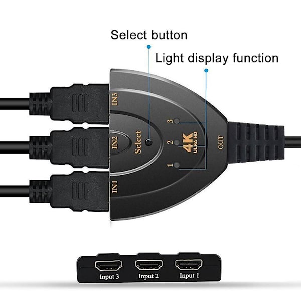 Switch, 3 Port 4k HDMI Switch 3x1 Switch Splitter med Pigtail-kabel stöder Full Hd 4k 1080p