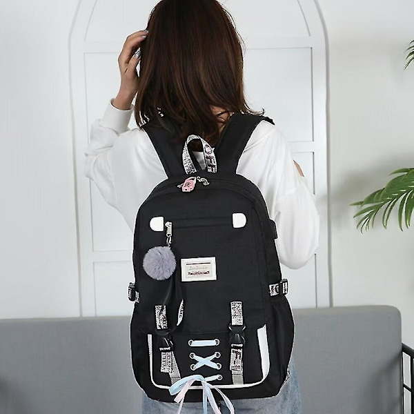 Ryggsäck skolväskor för flickor Nylon Vattentät College Ryggsäck Mode Casual Black