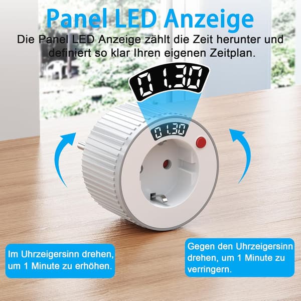 Timerkontakt, 1 minutt til 24 timer, dreiebryter med LED-display, 16 A, 3600 W 230 V