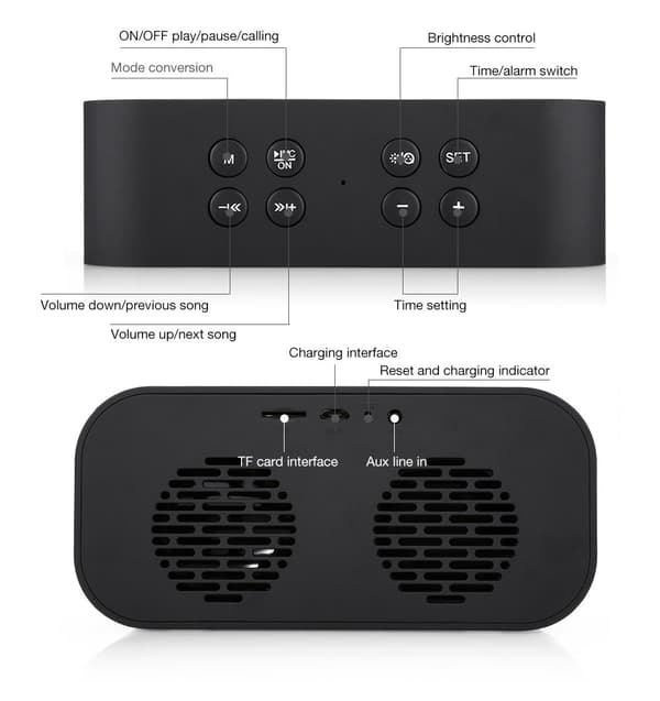 Bluetooth-højttaler Bt501, med vækkeur 5.0 stereolydhøjttaler digital (sort)