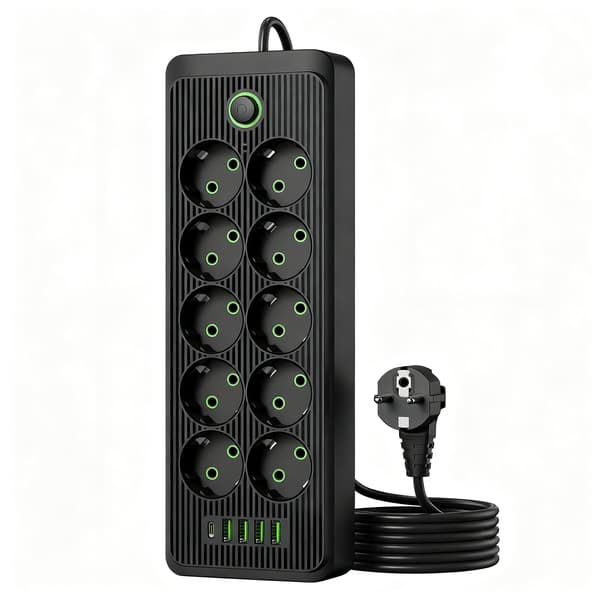 EU-plugg strømskinne med 10 AC-uttak + 4 USB-porter + Type C (svart)