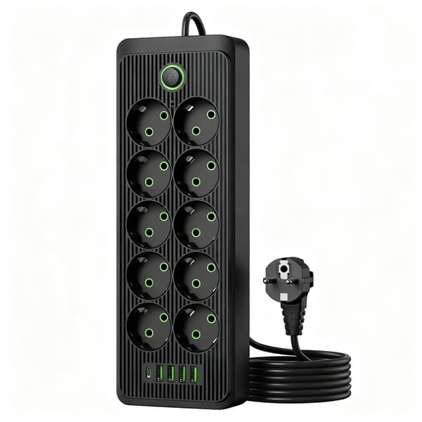 EU-stikdåse med 10 AC-udtag + 4 USB-porte + Type C (sort)