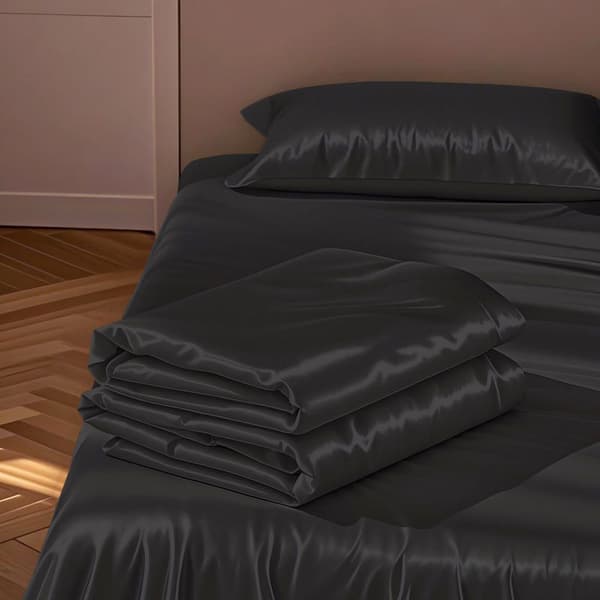 Satinlagner, is-silke polyestermateriale, sengelagner + 2 pudebetræk, 230 x 250 cm (sort)