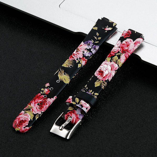 For Fitbit Inspire / Inspire HR Smart Watch Band Topplag Ku Lær Armbånd, STØRRELSE L-6,7-8,1 tommer Black Pink Flower