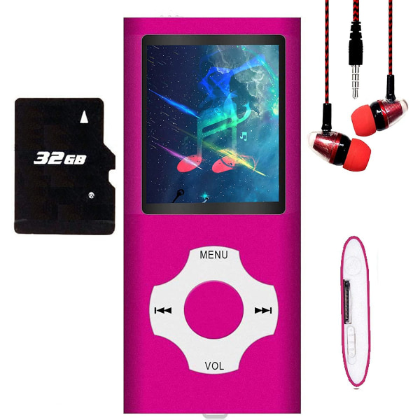 Mp3-spiller/Mp4-spiller med 64gb/32gb/16gb minne SD-kort Slank klassisk digital LCD-skjerm 1,82 tommers skjerm Mini USB-port med FM-radio, stemme Rose Red 32GB