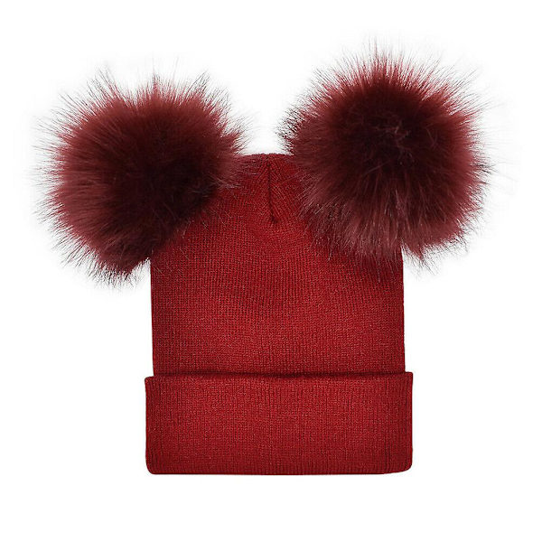 Talven lämpimät neulotut lippalakit Pehmeä tekoturkis Double Pom Beanie Hat Pehmovuori Red