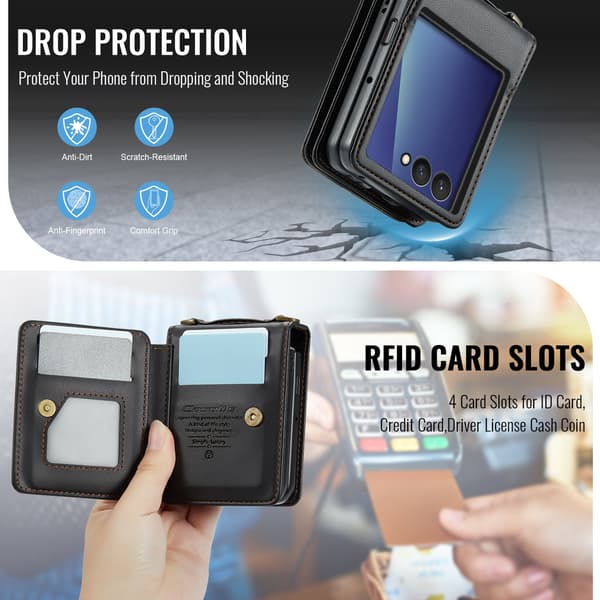 Etui til Samsung Galaxy Z Flip 7, med RFID-blokerende kortholder og remstativ (sort)