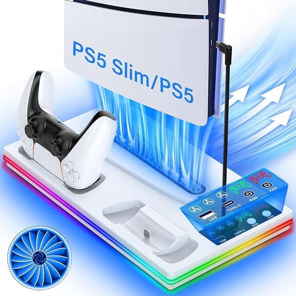 Køleventilator - Med stativ og controller-ladestation til Ps5/Ps5 Slim/Ps5 Pro (hvid)