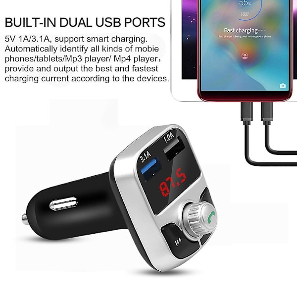 QC2.0 Bluetooth 4.2 MP3-afspiller Håndfrit bilsæt FM-senderstøtte TF-kort U Disk 3.1A hurtig dobbelt USB-oplader strømadapter
