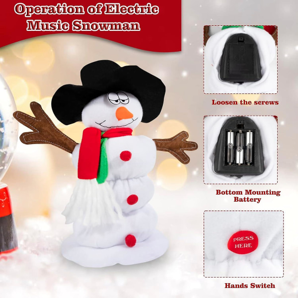 Laulava ja tanssiva lumiukko pehmolelu jouluksi, animoitu täytetyt koristeet 6 joululaululla