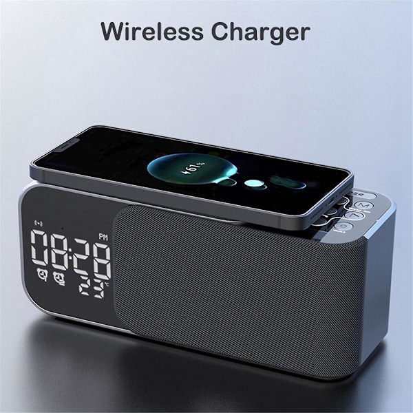 Digital Stereo FM-radio väckarklocka nattlampa Bluetooth-högtalare 10W trådlös laddare - Blå