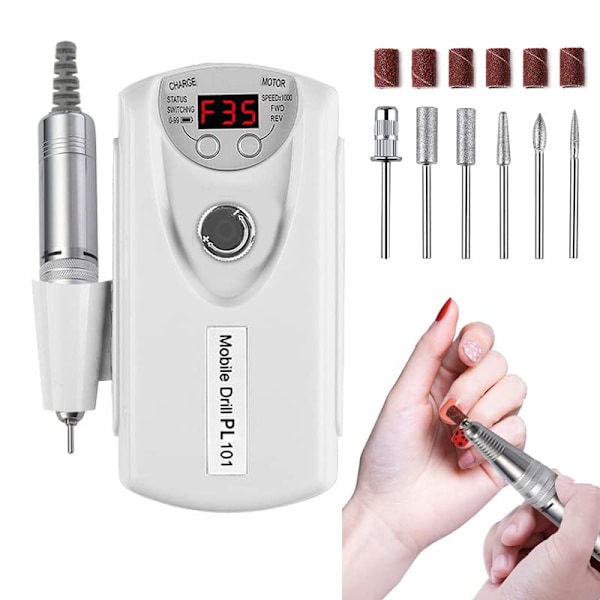 Elektrisk Nagelborrmaskin, Professionell Uppladdningsbar 35000 Varv/min Nagelborr, Med 6 Bits (Vit)