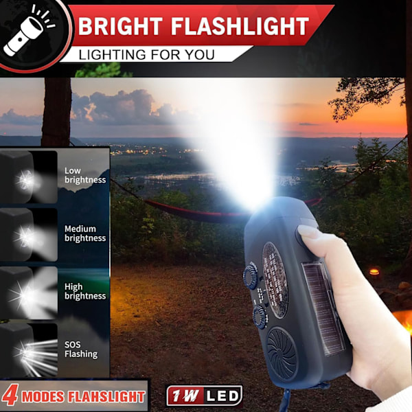 Aurinkokäyttöinen käsikampi-radio 6000Mah Led-taskulampulla, Am Fm Noaa -sääradio (musta)