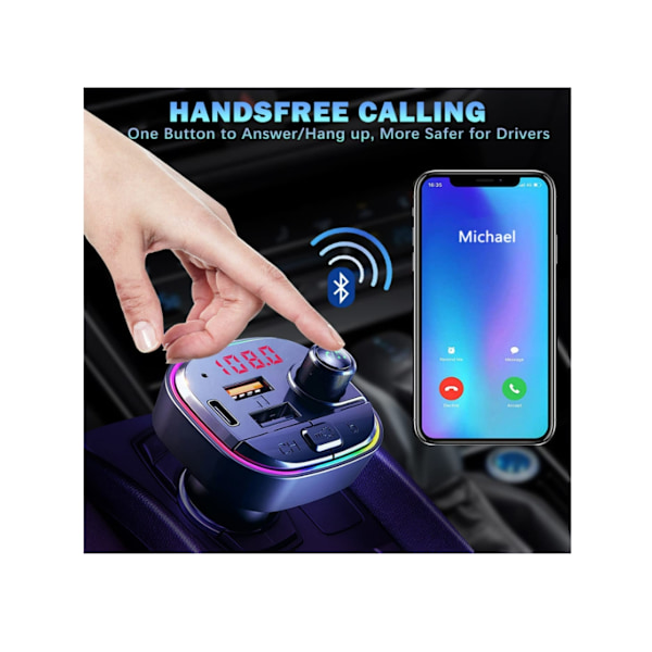 Bluetooth 5.0 FM-sändare för bil, 7+1 Färgers RGB-bakgrundsbelysning Bluetooth Biladapter, Laddare