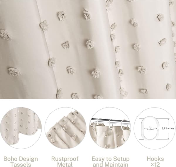 Duschdraperi, 72 x 72 \" Tuftade veckade blompuffar texturerade med krokar Beige