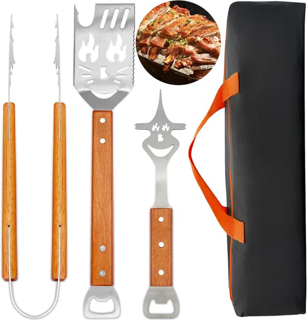 Sett med 3 grilltilbehør Ekstra tykk rustfritt stål multifunksjonell stekespade gaffel tang A