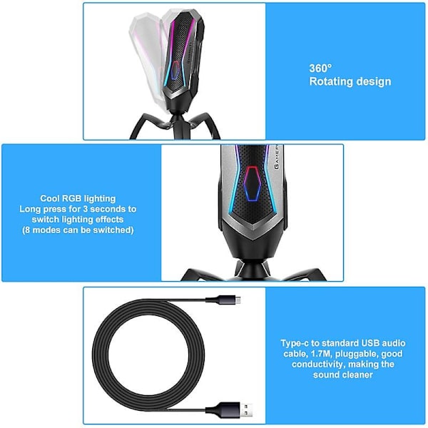 Yanmai T1 Kardioid Kondensator Gaming Mikrofon med RGB Färgglad Belysning & 1,7m Pluggbar USB-C / Typ-C Kabel