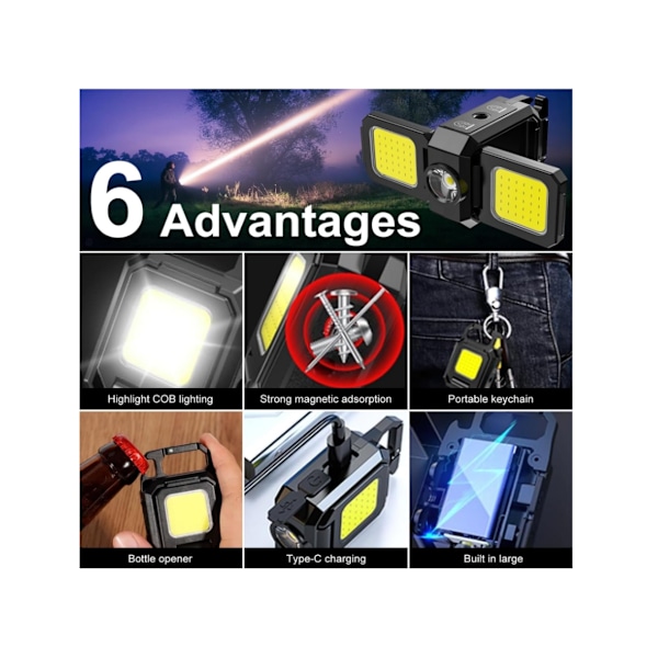 Enhance 2 kpl Cob Avaimenperä Työvalo 5 Tilaa 90° Taitettava Lamppu 1000 Lumenia Ladattava Mini Taskulamppu Magneetilla