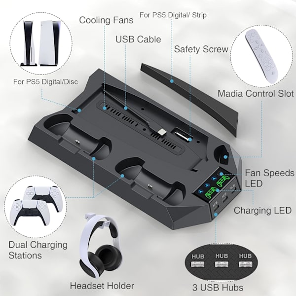 Køleventilator - Rgb Led til Ps5, Dobbelt Ladestation til Dualsense Edge Controller (Hvid)