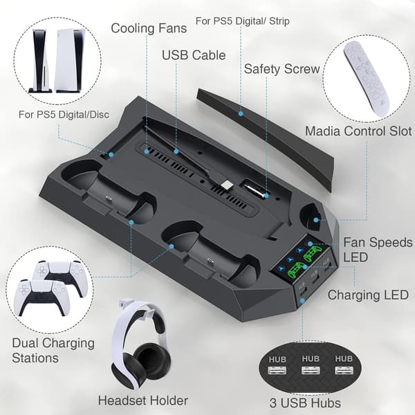 Køleventilator - RGB LED til PS5, dobbelt ladestation til DualSense Edge Controller (sort)
