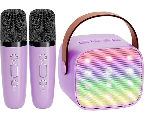 Bluetooth Karaoke-højttaler, med 2 mikrofoner, LED-lys og stemmeforvrænger (violet)