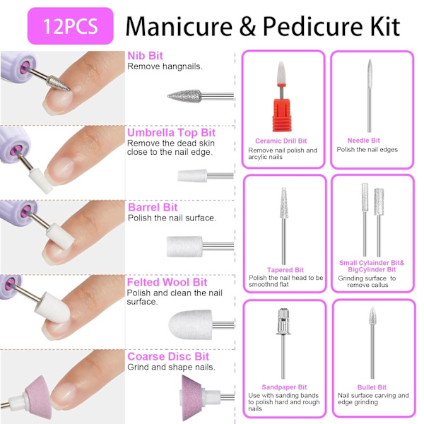 Elektrisk Nagelfil Professionell, Bärbar Nagelfräsmaskin Set, Laddningsbar Manikyr- och Pedikyrset (Rosa)