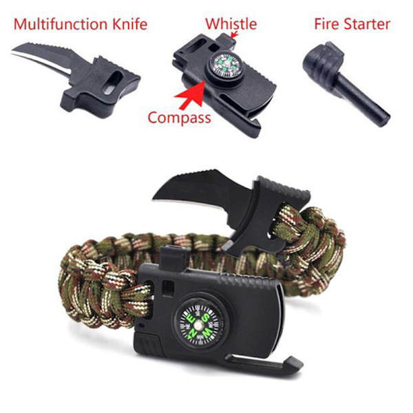 Paracord-ranneke - Paracord-terä - Pilli - Kompassi (Ruskea)