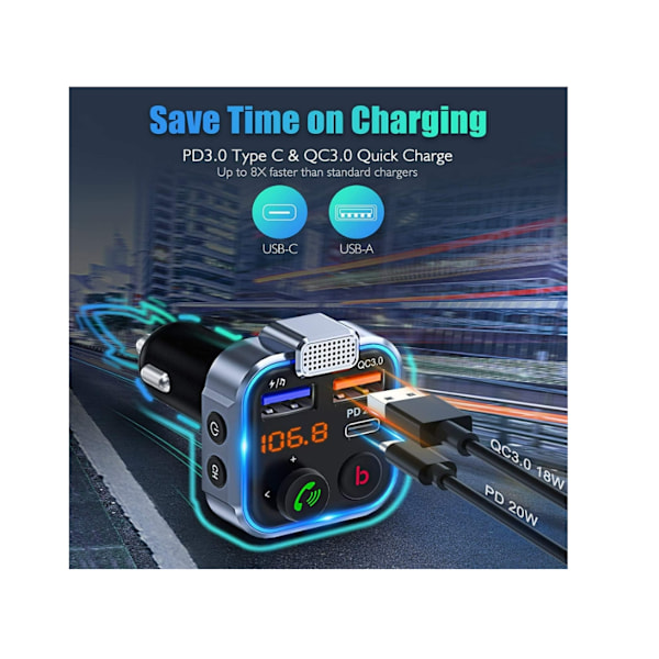 Bil FM Transmitter [Seneste Version] Bilsæt Trådløs Bluetooth 5.0 PD3.0 Type-C Radio Adapter