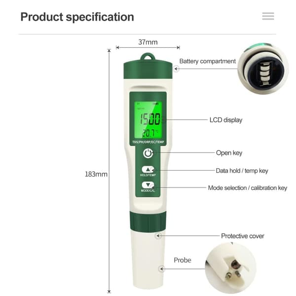 PH-måler, 10-i-1 TDS/PH/ORP/EC/temperaturtester med LCD-skjerm, vannkvalitetsmonitor