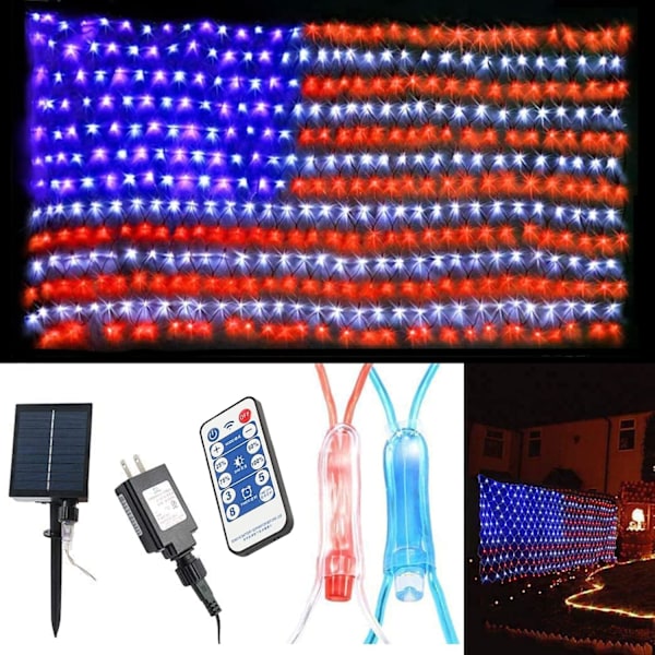 (Uppgraderad) 2-i-1 Plug-in & Solcellsdriven Amerikansk Flagga Ljusslinga, 420 LED Flagg-nätljus, Vattentäta Patriotiska Ljus för Memorial Day, 4 juli