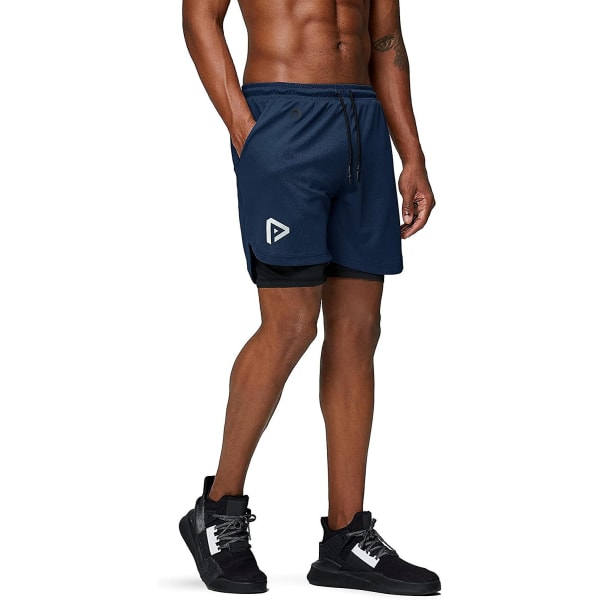 2 i 1 löparshorts med telefonficka Gym Workout Snabbtorka herrshorts 5 tum Navy Blue X-Large